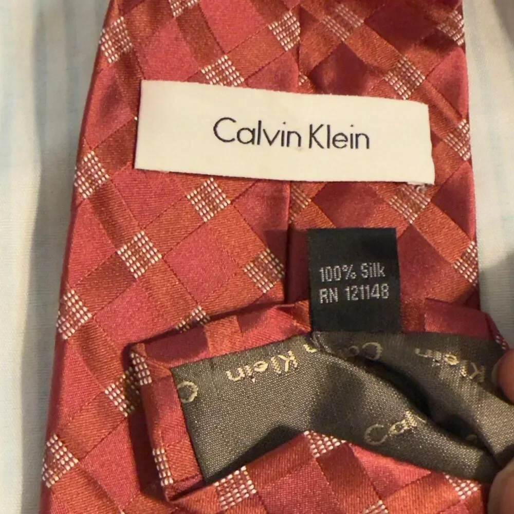 Calvin Klein Red and Orange Geometric Checkered 100% Silk Necktie